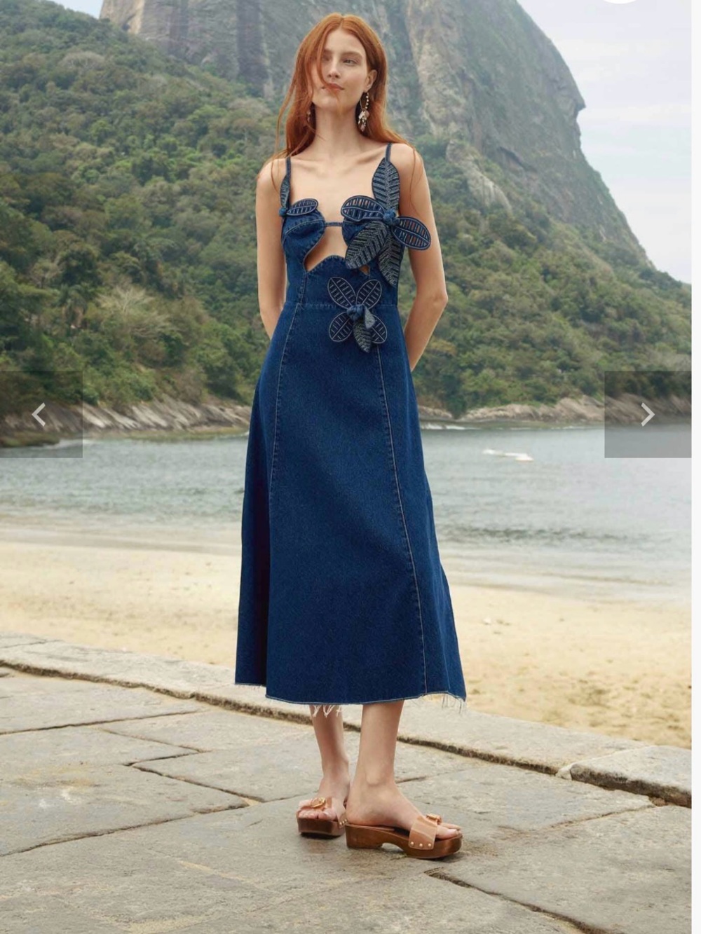 Farm Rio Dark Blue Denim Maxi Dress with Floral Cutout Bodice